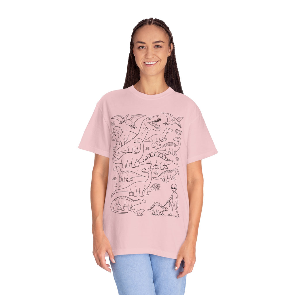 Alien and Dinosaur T-Shirt | Funny Line Art Graphic Tee - Mutantur Labs LLC
