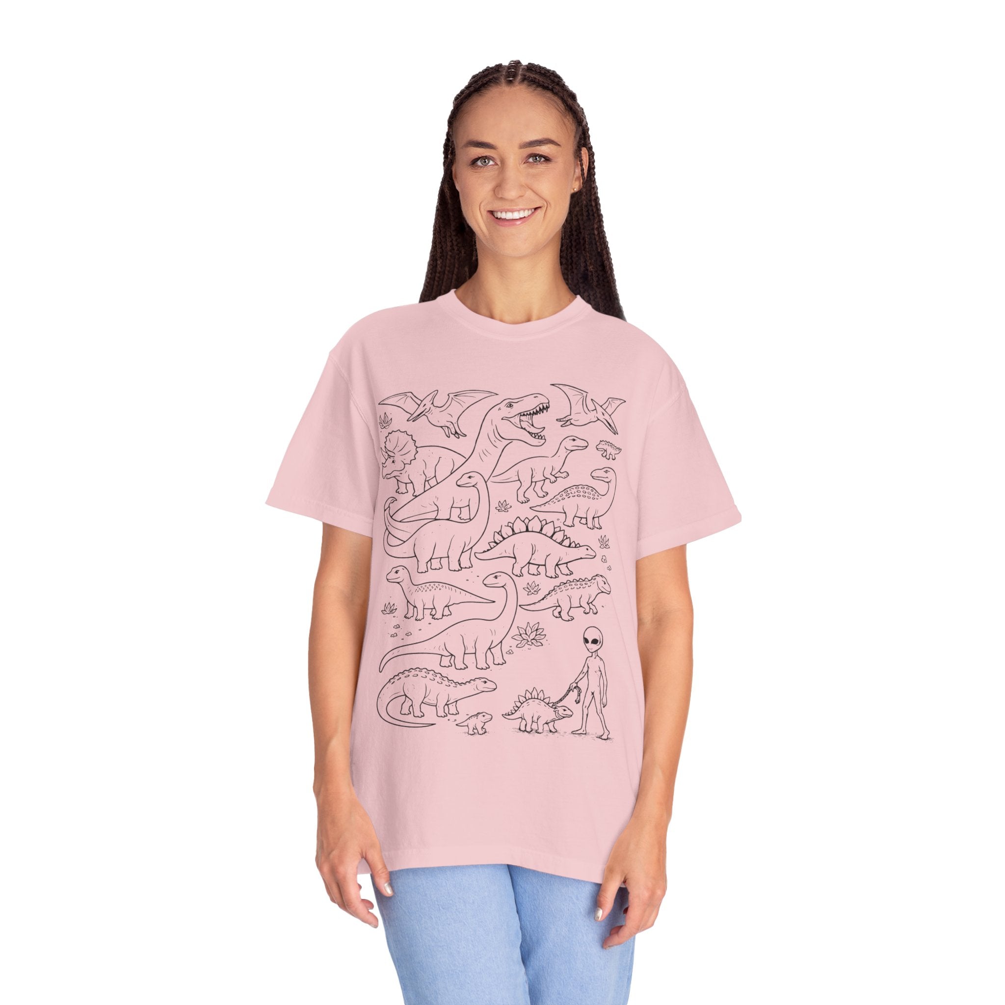 Alien and Dinosaur T-Shirt | Funny Line Art Graphic Tee - Mutantur Labs LLC