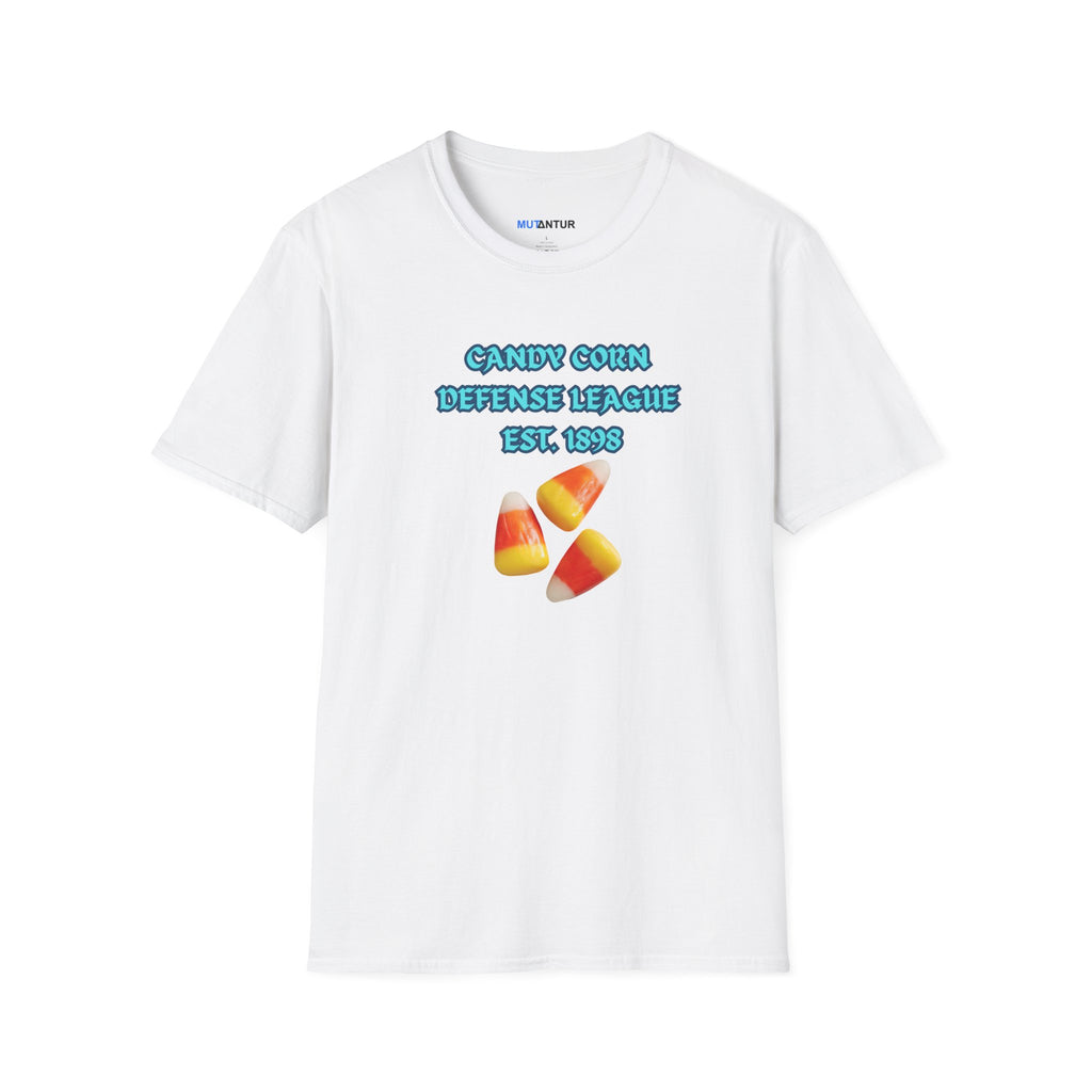 A white short-sleeve crewneck t-shirt with a graphic on the front that reads 'CANDY CORN DEFENSE LEAGUE EST. 1989' in blue text above three candy corn illustrations, shown on a plain white background.