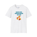 A white short-sleeve crewneck t-shirt with a graphic on the front that reads 'CANDY CORN DEFENSE LEAGUE EST. 1989' in blue text above three candy corn illustrations, shown on a plain white background.