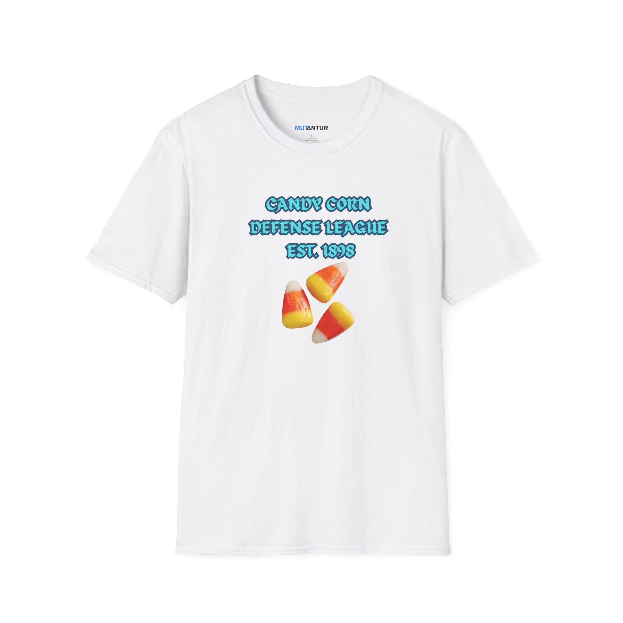 A white short-sleeve crewneck t-shirt with a graphic on the front that reads 'CANDY CORN DEFENSE LEAGUE EST. 1989' in blue text above three candy corn illustrations, shown on a plain white background.