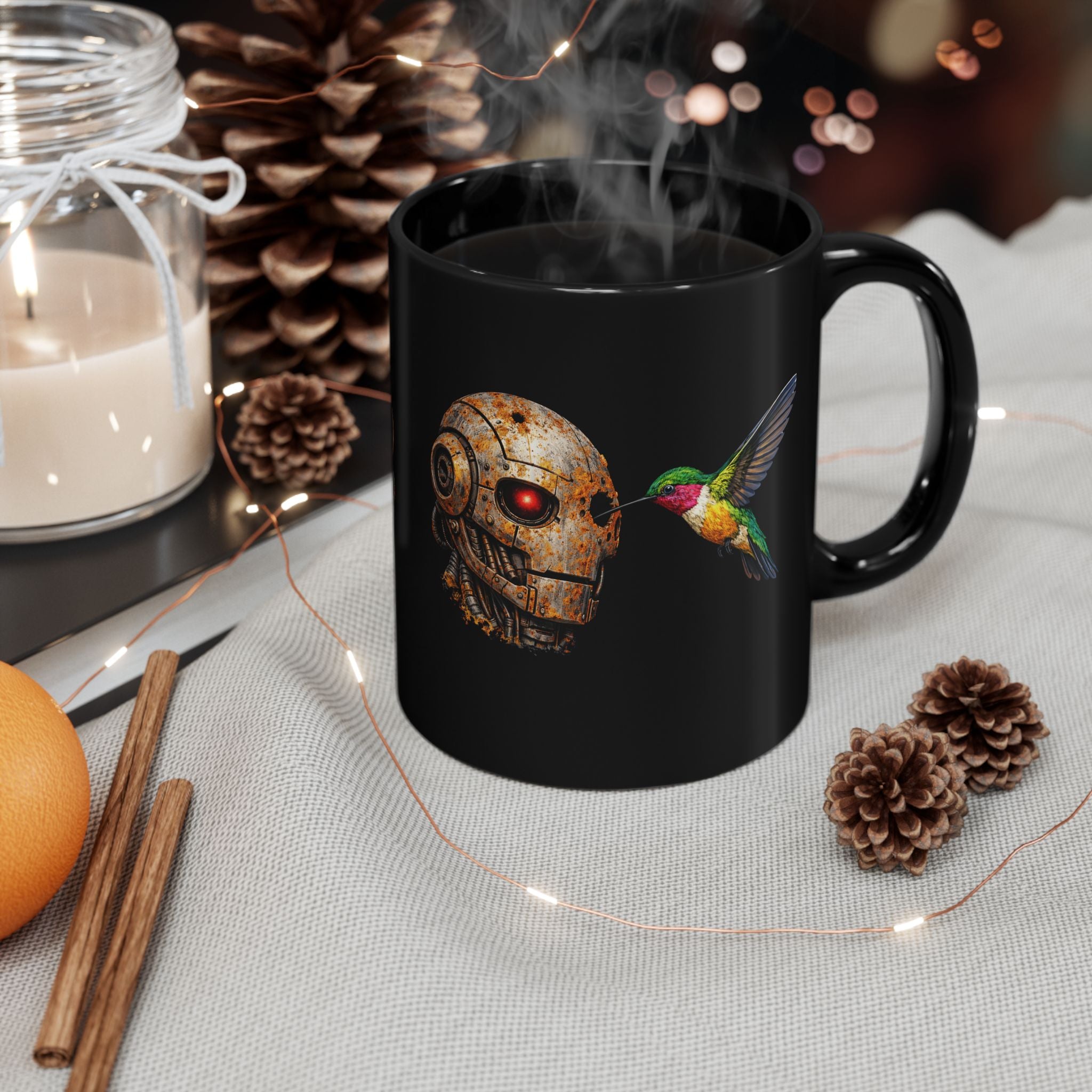 Steampunk Robot Skull and Hummingbird Mug — Black Ceramic Coffee Cup - Mutantur Labs LLC