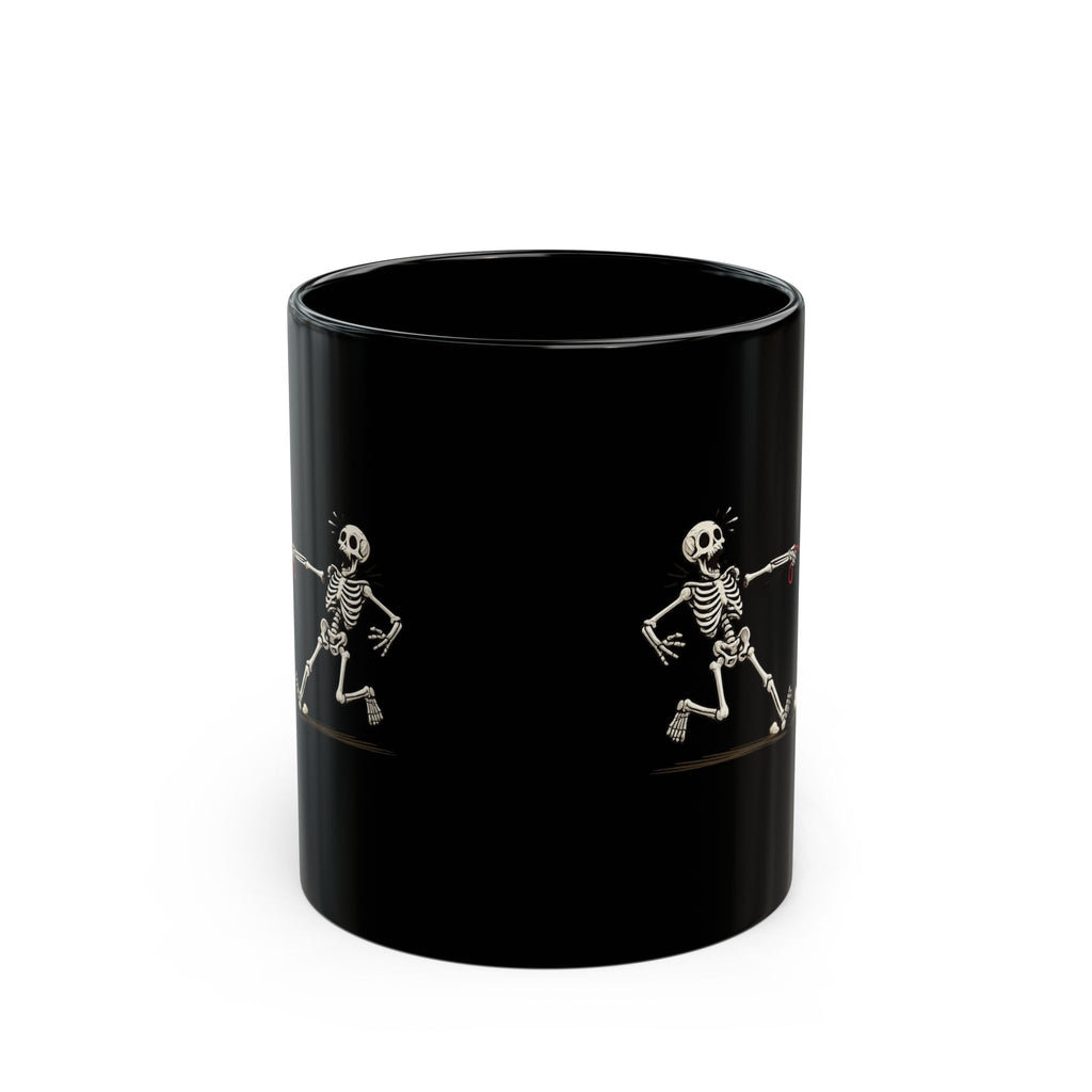 Running Skeleton & Dog Black Mug — Funny Halloween Coffee Cup (11oz)