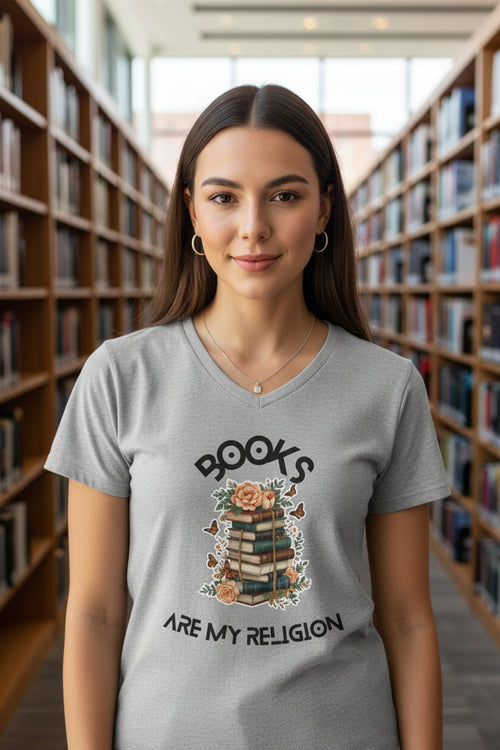 Books Are My Religion — Floral Stack Graphic T-Shirt for Women - Mutantur Labs LLC
