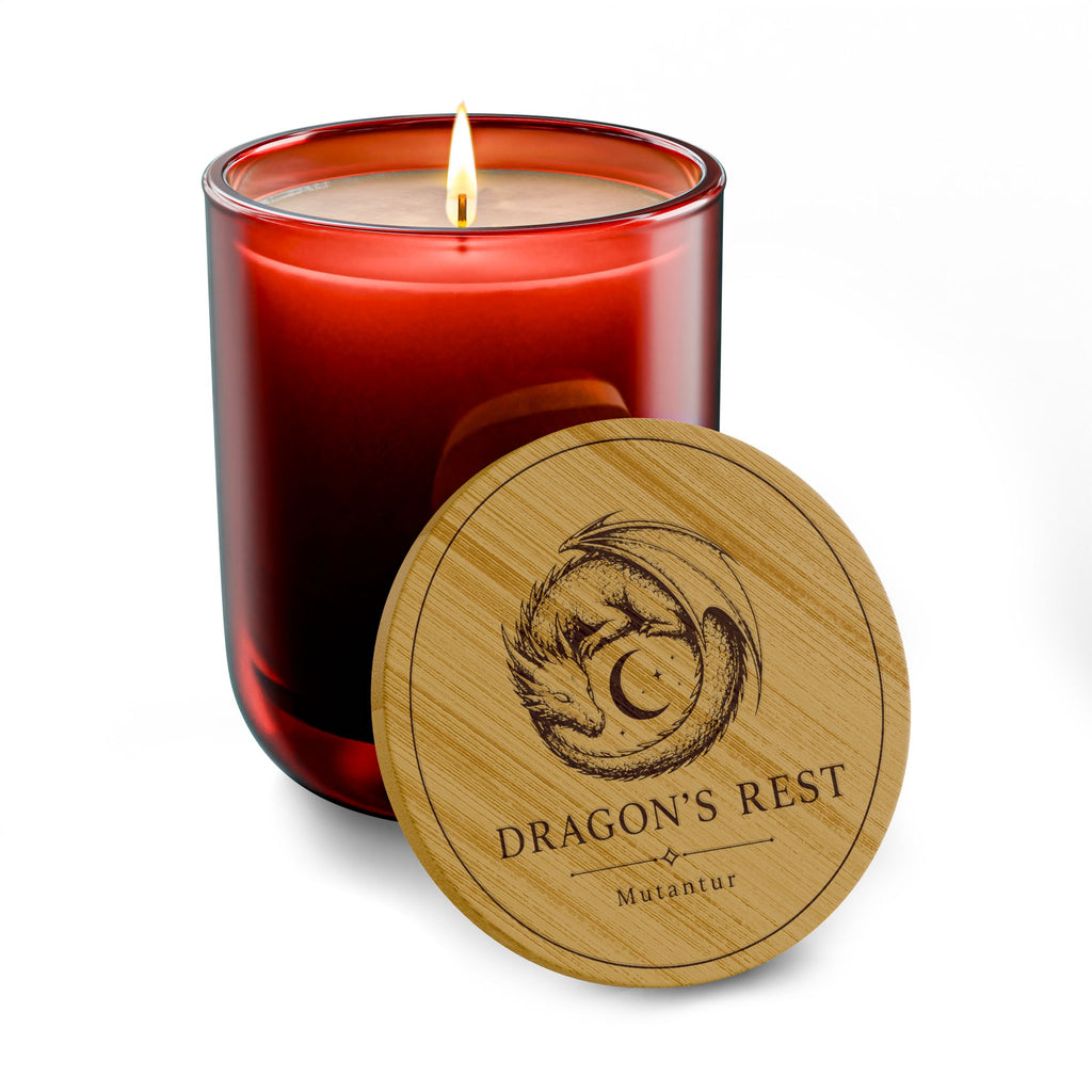 Dragon's Rest Emblem Soy Candle — 14oz Scented Candle with Engraved Bamboo Lid - Mutantur Labs LLC