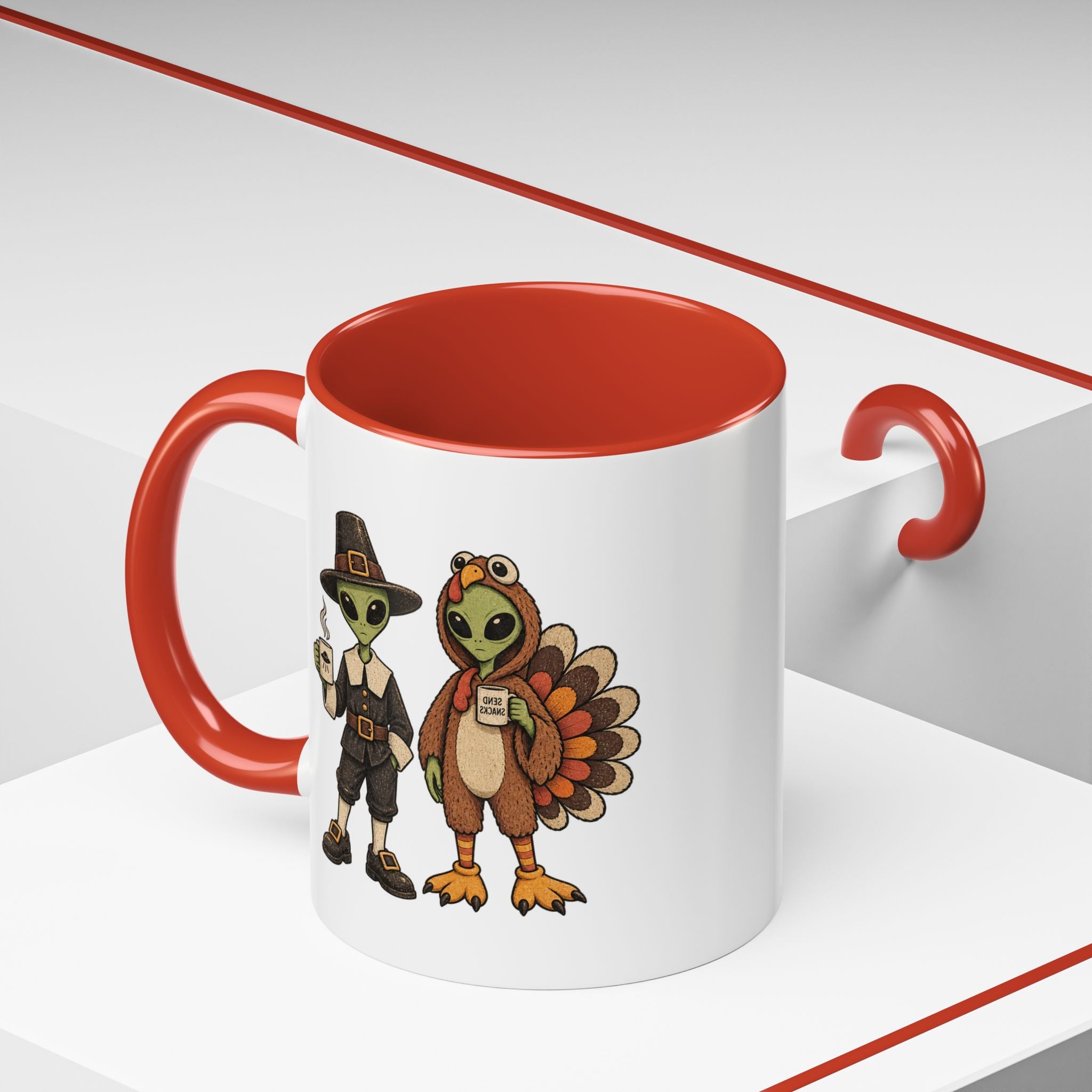 Thankful Aliens Thanksgiving Coffee Mug — Cute Turkey & Pilgrim Alien 11oz Accent Mug