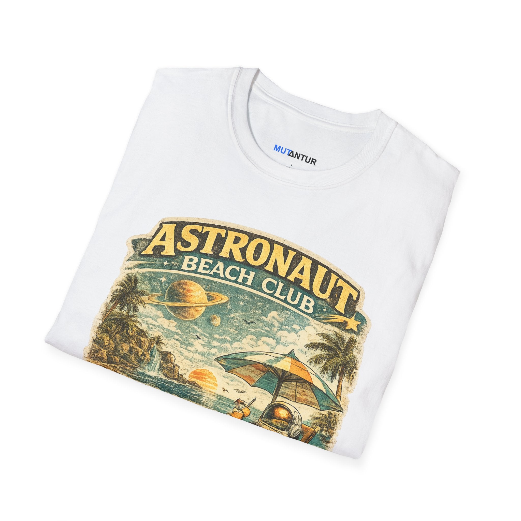 Astronaut Beach Club T-Shirt – Retro Space Beach Graphic Tee - Mutantur Labs LLC