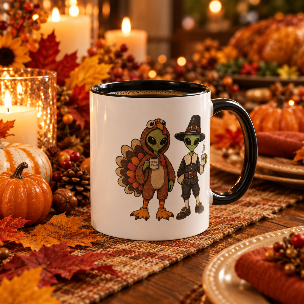 A white ceramic coffee mug with a black handle and rim, decorated with a cartoon illustration of two Thanksgiving-themed aliens, set on a rustic autumn-themed table with candles, pumpkins, and fall leaves.