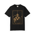 Black t-shirt with 'The Chariot' tarot card design on a white background