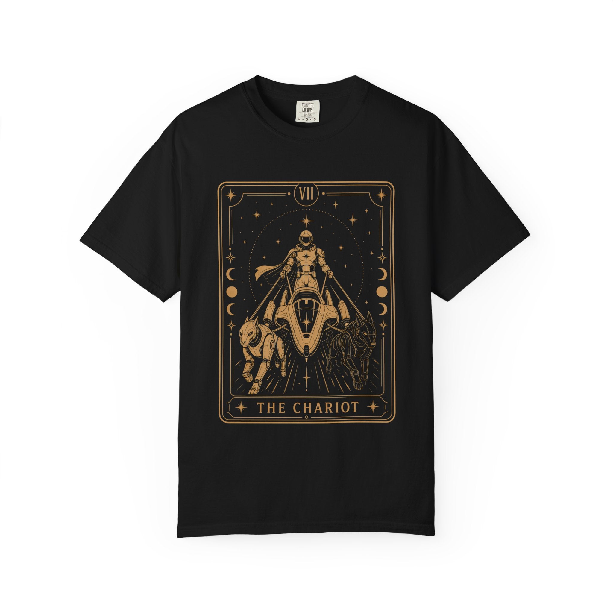 Black t-shirt with 'The Chariot' tarot card design on a white background