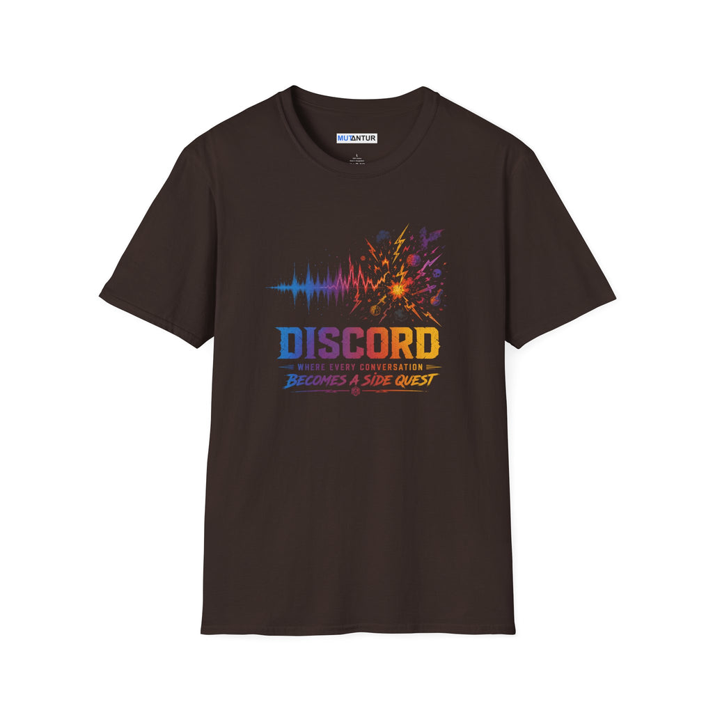 A brown crewneck t-shirt with a colorful graphic on the front featuring a soundwave, fireworks, and the text 'DISCORD' and 'WHERE EVERY CONVERSATION BECOMES A SIDE QUEST'.