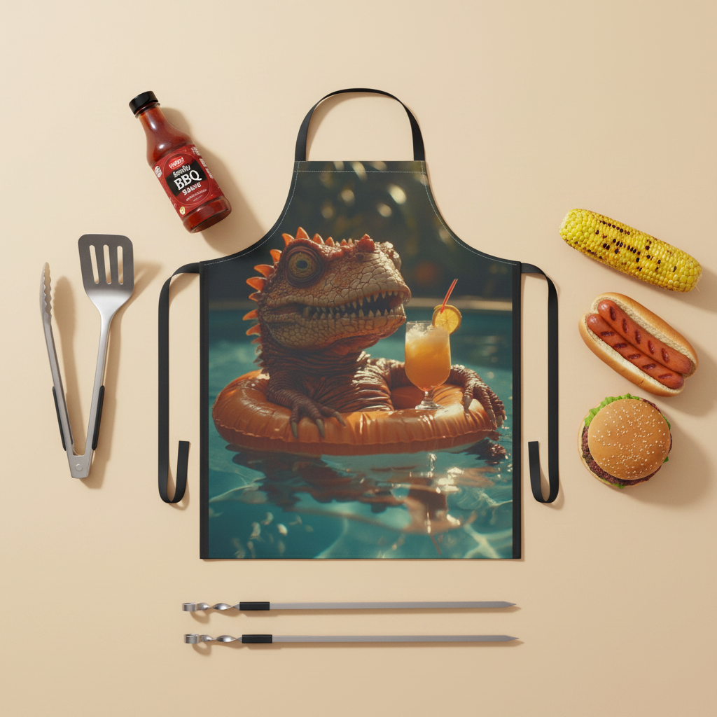 Colada Rex dinosaur poolside funny kitchen apron, front view