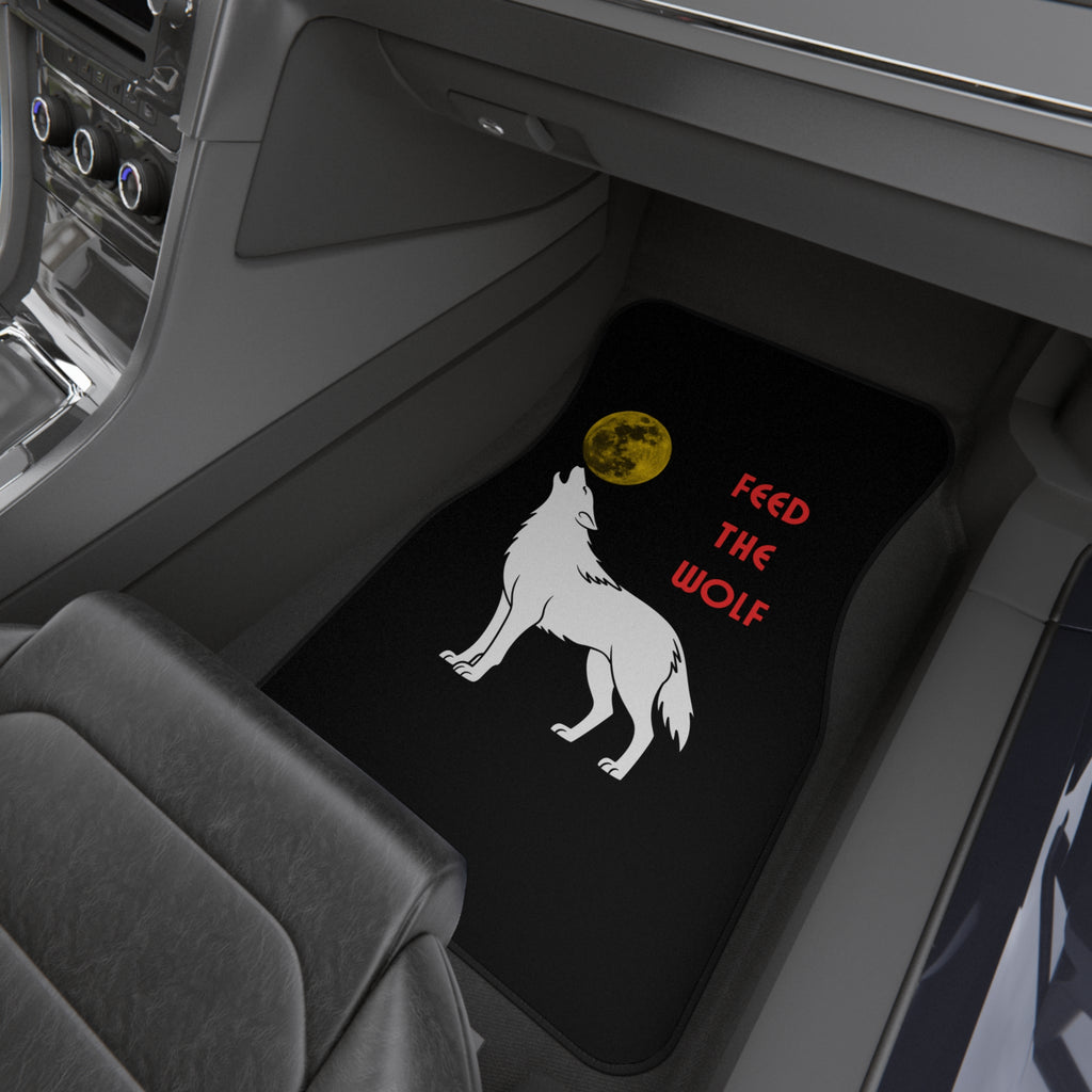 Howling White Wolf with Moon car mats | Feed the Wolf floor mats (set of 4) - Mutantur Labs LLC