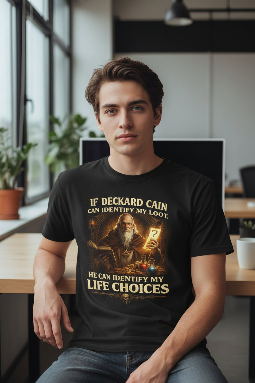 If Deckard Cain Can Identify My Loot, He Can Identify My Life Choices" Diablo RPG Gamer Tee - Mutantur Labs LLC