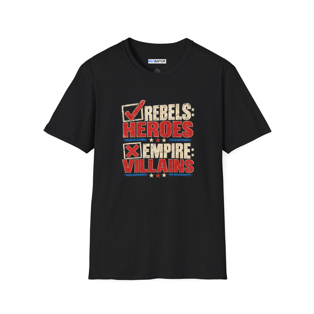 A black short-sleeve t-shirt with a graphic print on the front reading 'REBELS HEROES EMPIRE VILLAINS' in red, beige, and white block letters, displayed on a solid white background.