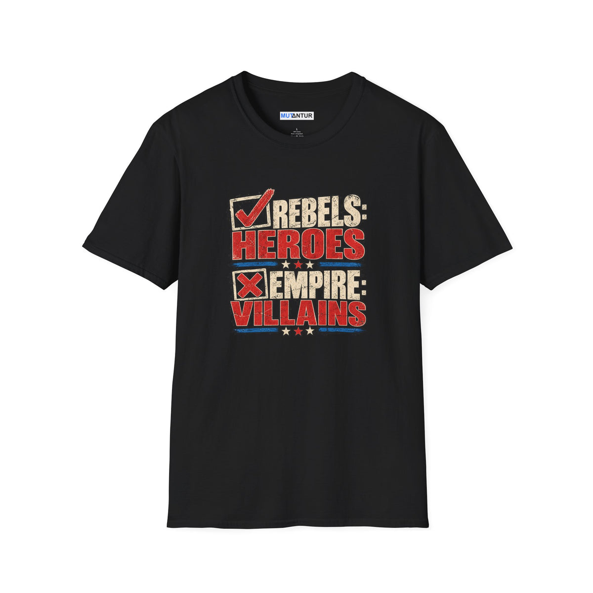 A black short-sleeve t-shirt with a graphic print on the front reading 'REBELS HEROES EMPIRE VILLAINS' in red, beige, and white block letters, displayed on a solid white background.