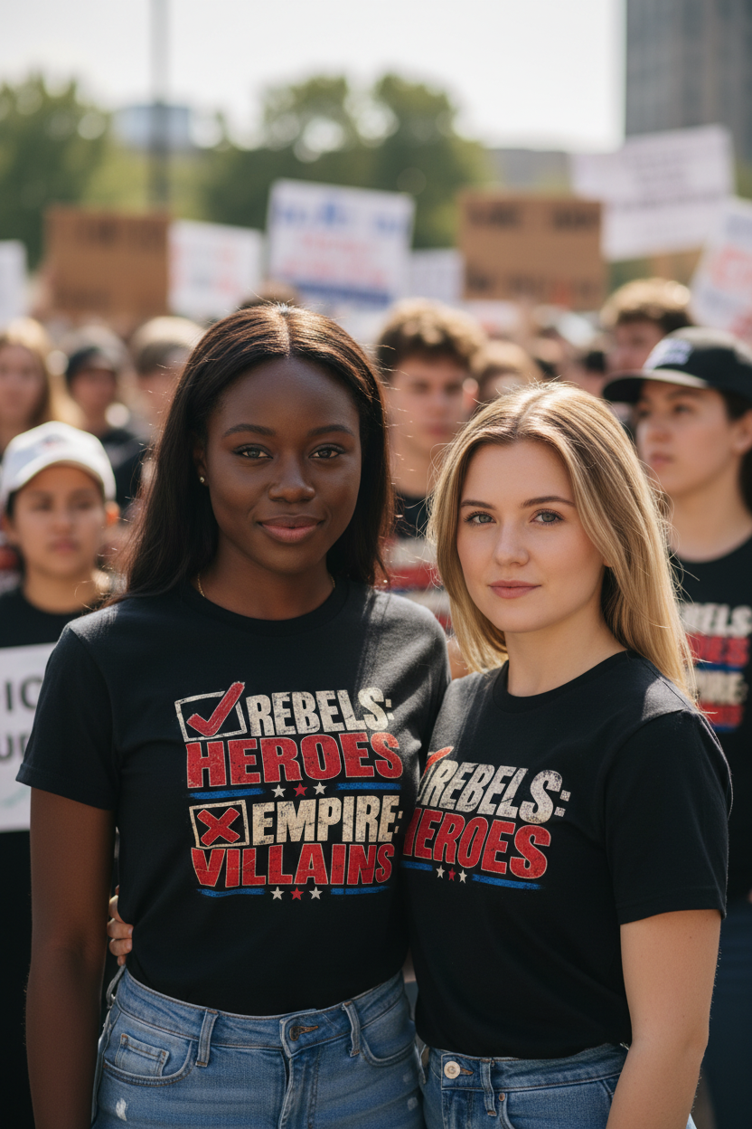 Two young women standing together in a crowd, wearing matching black graphic T-shirts with the text 'Rebels: Heroes' and 'Empire: Villains' printed in red, white, and blue.