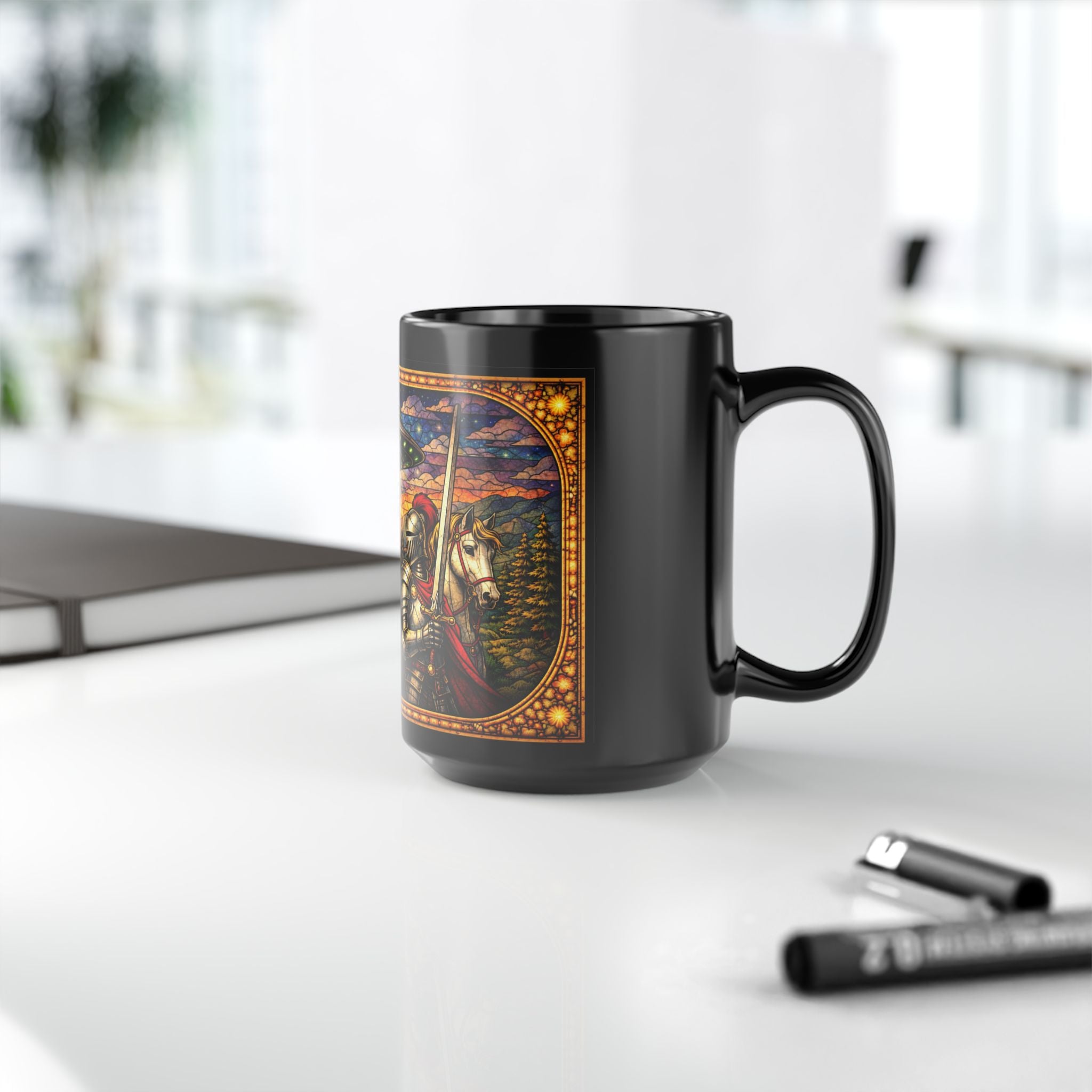 Fantasy Dragon Mug with Medieval Knight & UFO — Black 15 oz Ceramic Coffee Cup - Mutantur Labs LLC