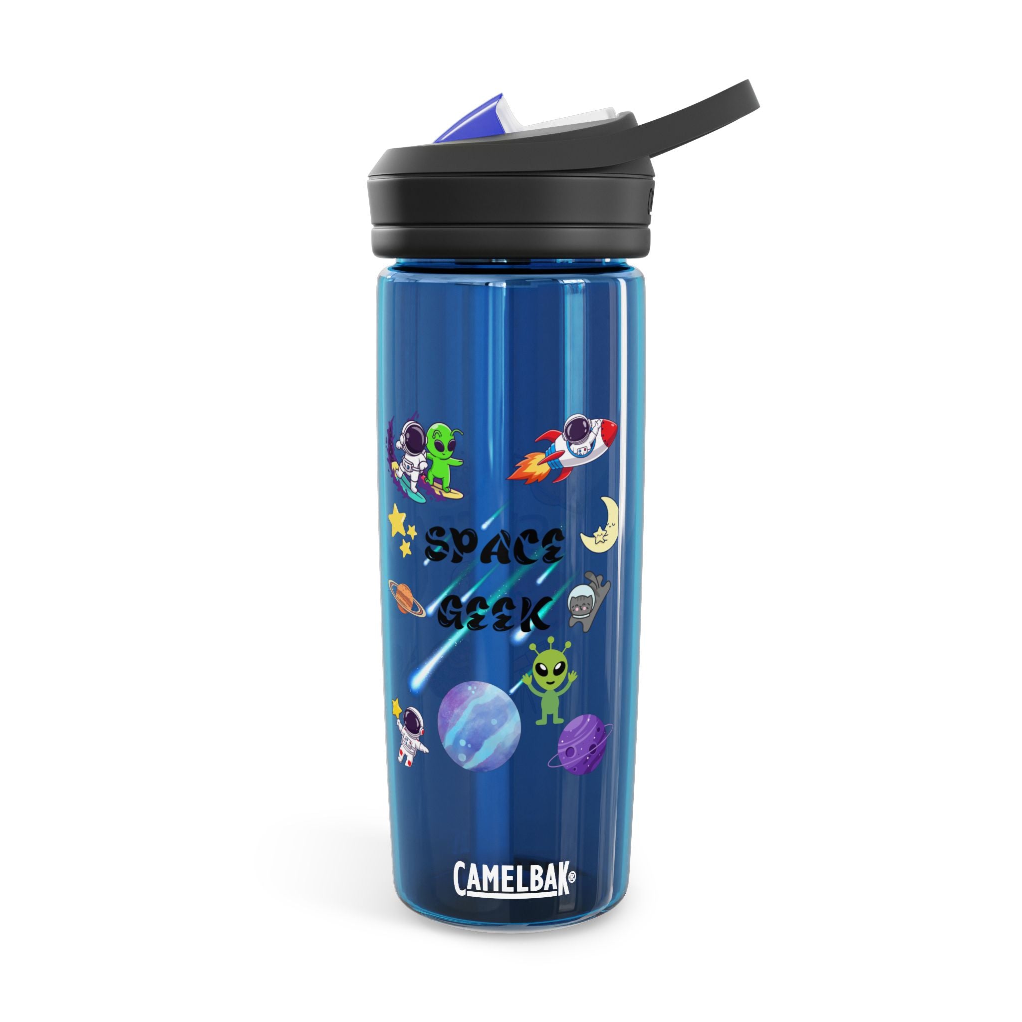 Blue CamelBak water bottle with space-themed graphics on a white background