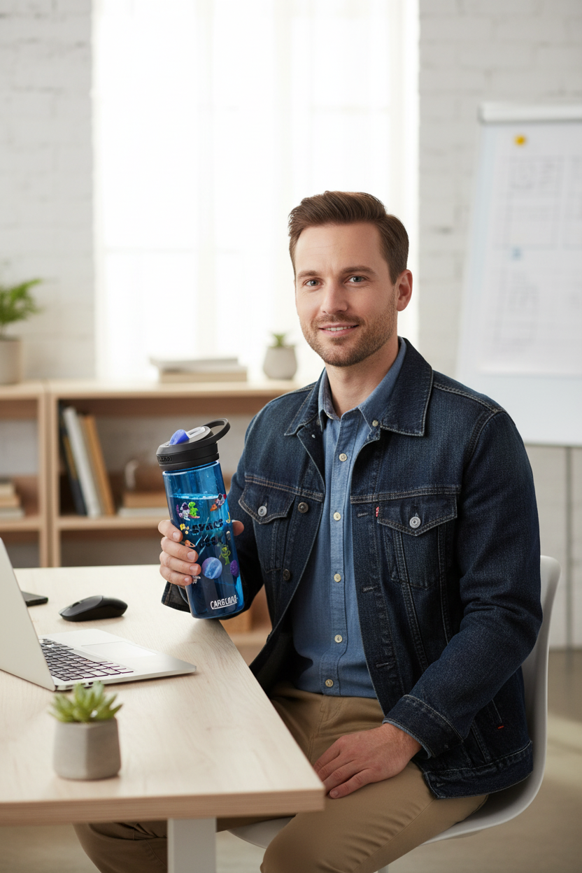 Space Geek Water Bottle — Blue CamelBak Eddy 20oz with Cute Alien & Rocket Design