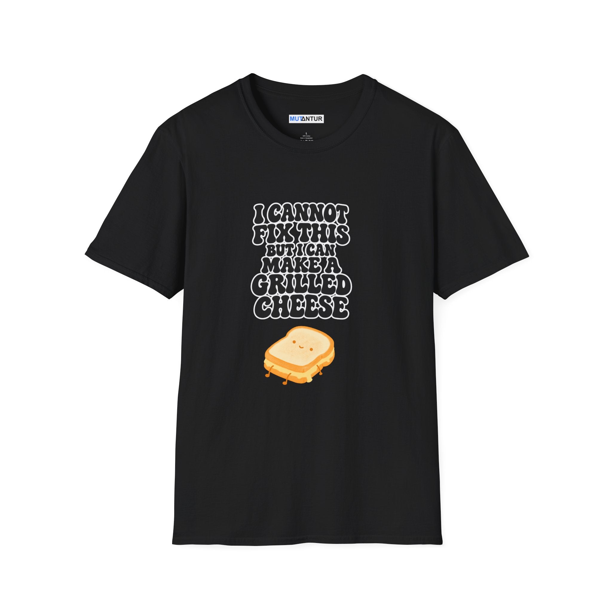 A black short-sleeve t-shirt with a graphic print on the front. The graphic features the text 'I CANNOT FIX THIS BUT I CAN MAKE A GRILLED CHEESE' in a white and black bubbly font, above a cartoon grilled cheese sandwich with melted yellow cheese and a small smiley face.