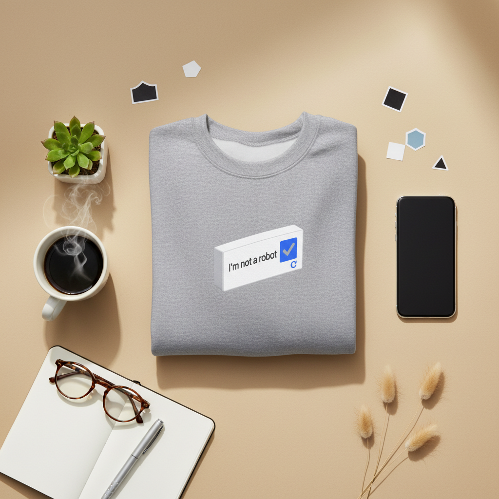 I'm Not a Robot checkbox CAPTCHA humor graphic sweatshirt in heather gray, folded flat lay styled with coffee and a notebook