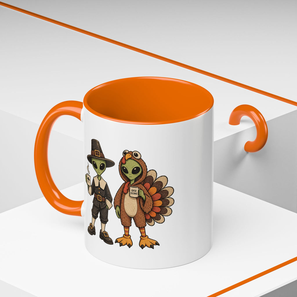 Thankful Aliens Thanksgiving Coffee Mug — Cute Turkey & Pilgrim Alien 11oz Accent Mug