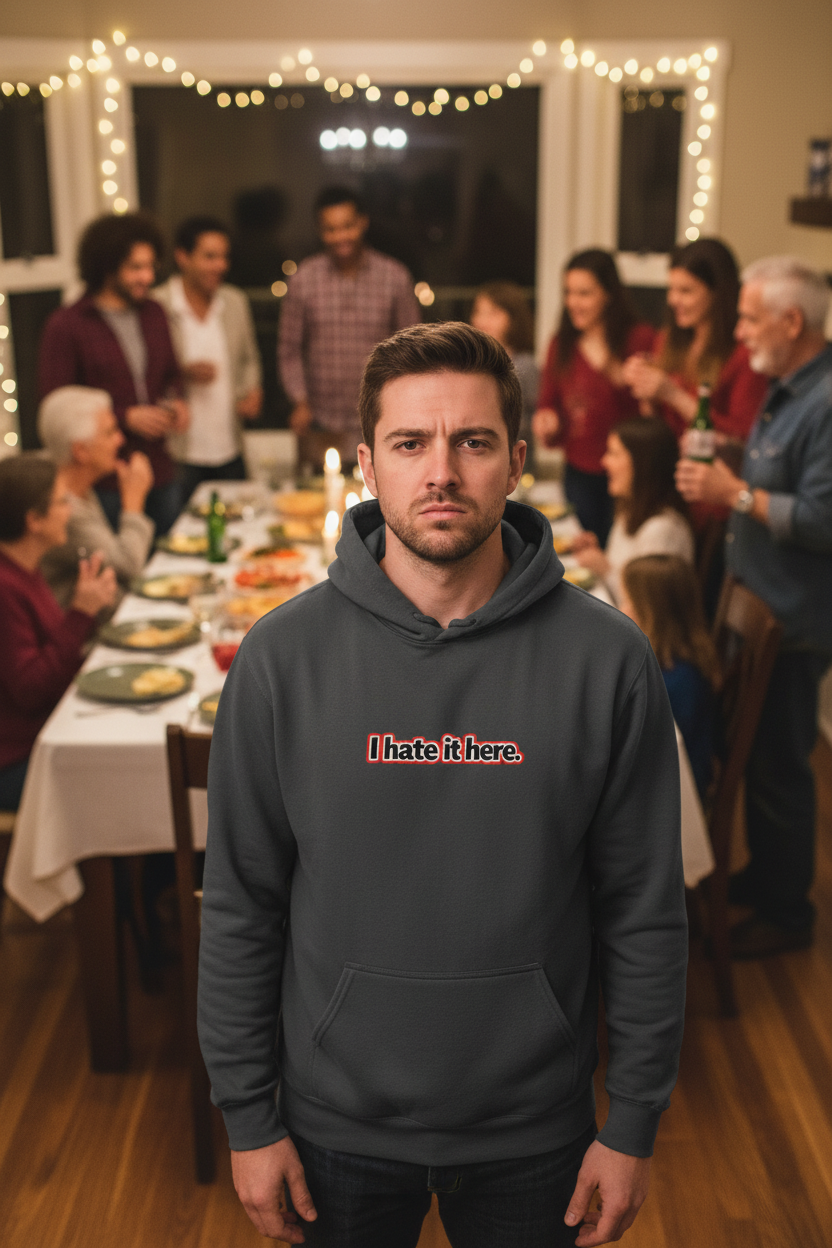 I hate it here, minimalist text design Comfort Colors hoodie
