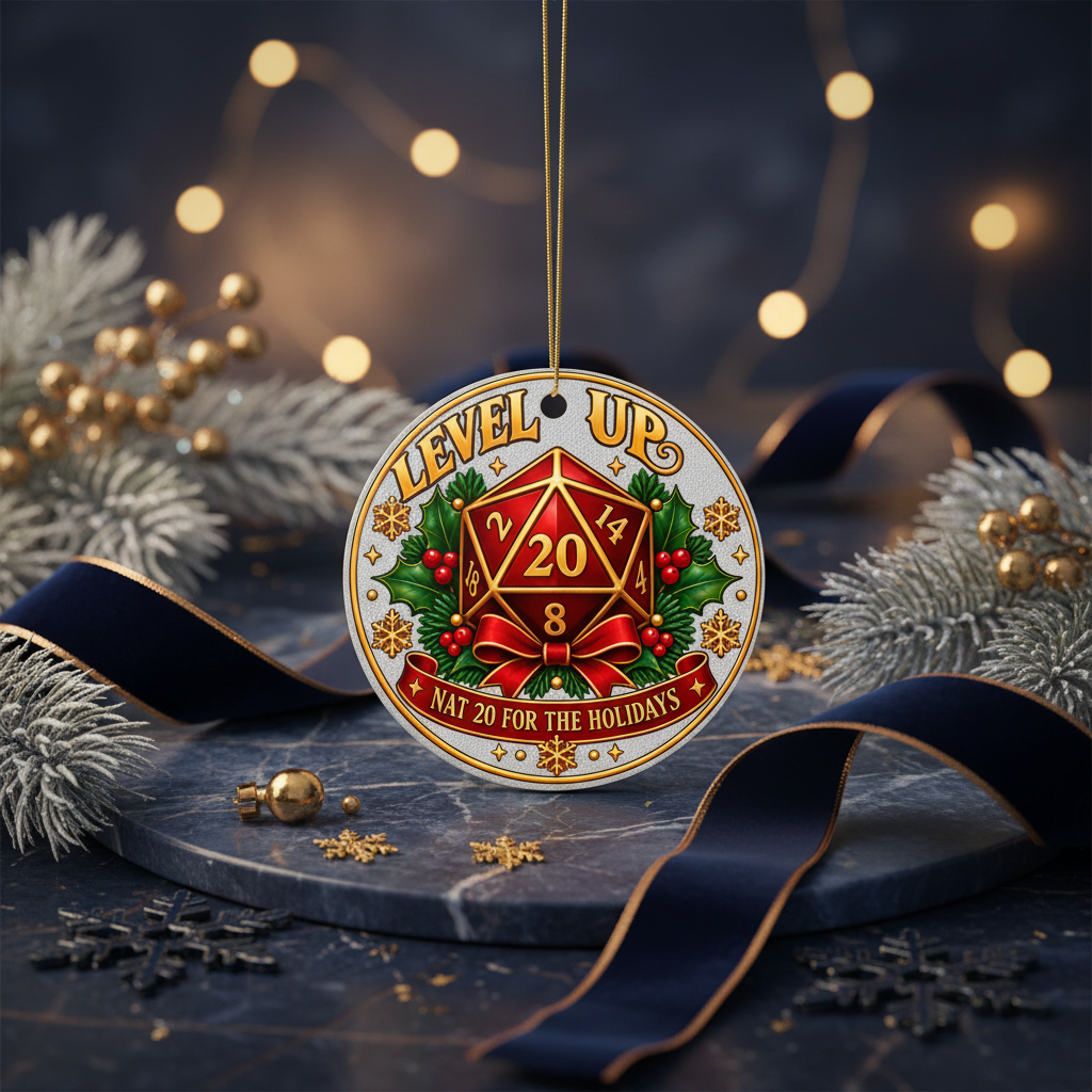 A round hanging ornament styled like a festive holiday sign with a red 20-sided die, green holly leaves, red bows, and the words “LEVEL UP” and “NAY 20 FOR THE HOLIDAYS.” It is photographed in a holiday setting with blurred lights, ribbons, pine branches, and gold ornaments.