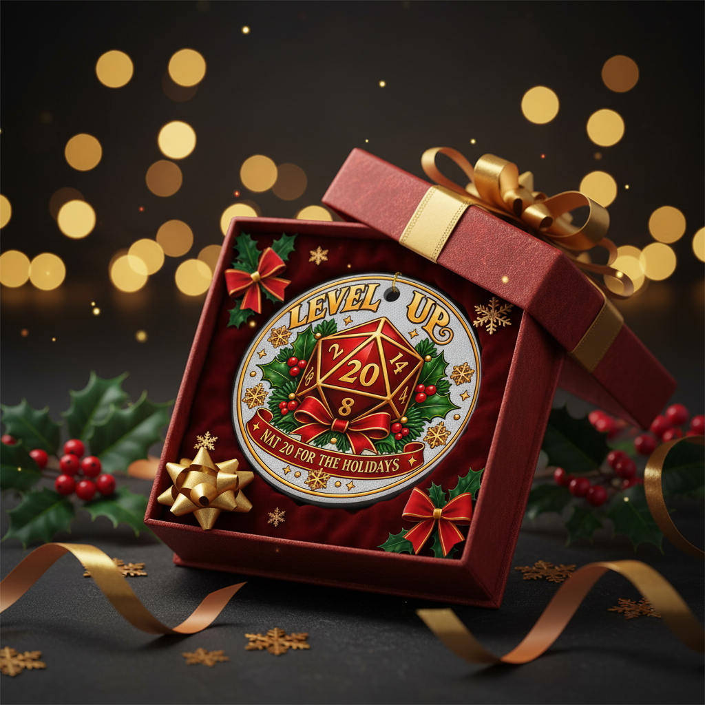 A festive Christmas ornament displayed inside an open red gift box with a gold ribbon. The ornament features a gold 20-sided die surrounded by green holly leaves, red berries, and the text 'LEVEL UP' and 'AND 20 FOR THE HOLIDAYS'.
