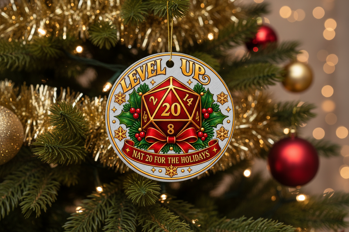 A round Christmas ornament featuring a red 20-sided die with an 8, surrounded by green holly leaves and red berries, hanging on a decorated Christmas tree. The ornament reads 'LEVEL UP' at the top and 'NAT 20 FOR THE HOLIDAYS' at the bottom.