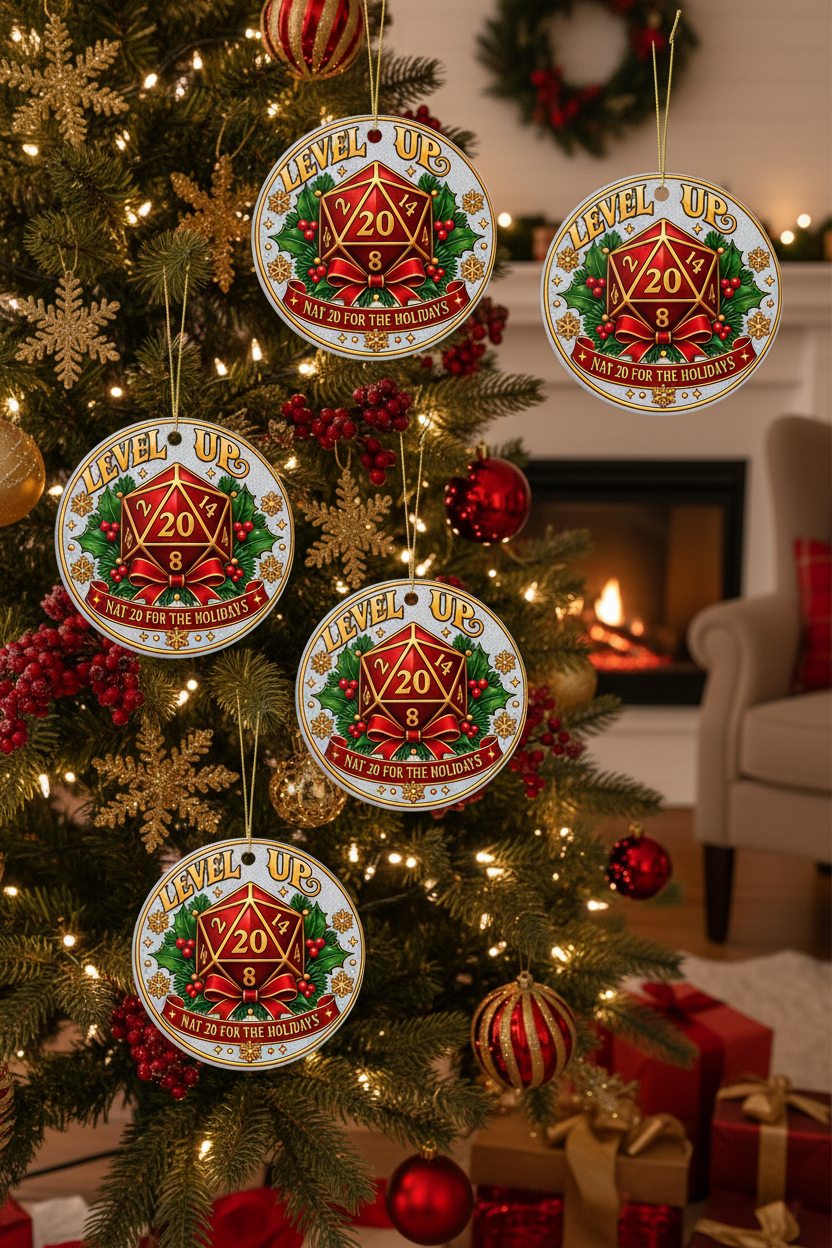 Five round Christmas ornaments featuring a red 20-sided die and the text 'LEVEL UP NAT 20 FOR THE HOLIDAYS' hang on a decorated Christmas tree in a cozy living room with a fireplace and wrapped gifts.