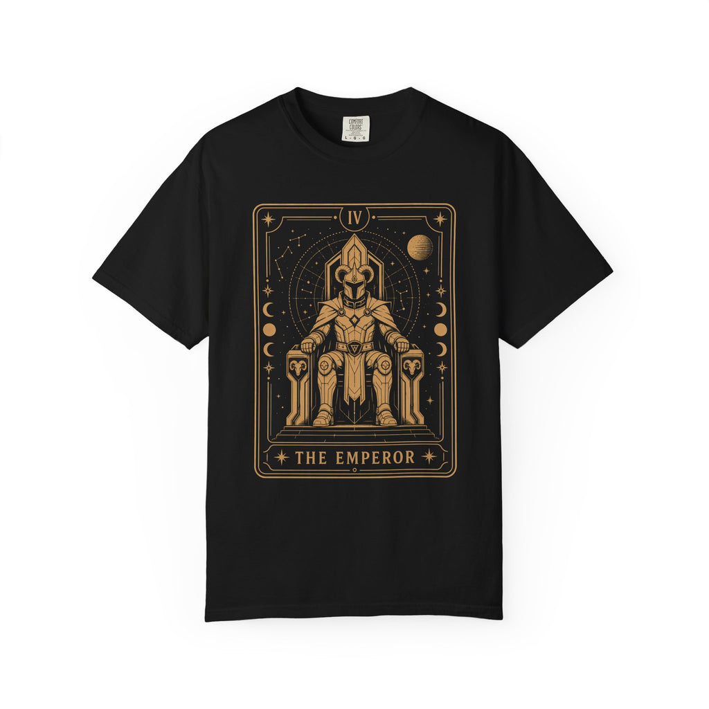 A black Crew neck t-shirt Comfort Colors t-shirt featuring The Emperor from the Future Arcana collection, inspired by The Emperor tarot card. A regal futuristic ruler sits upon a cosmic throne surrounded by celestial Art Deco details in elegant gold line art on a transparent background.