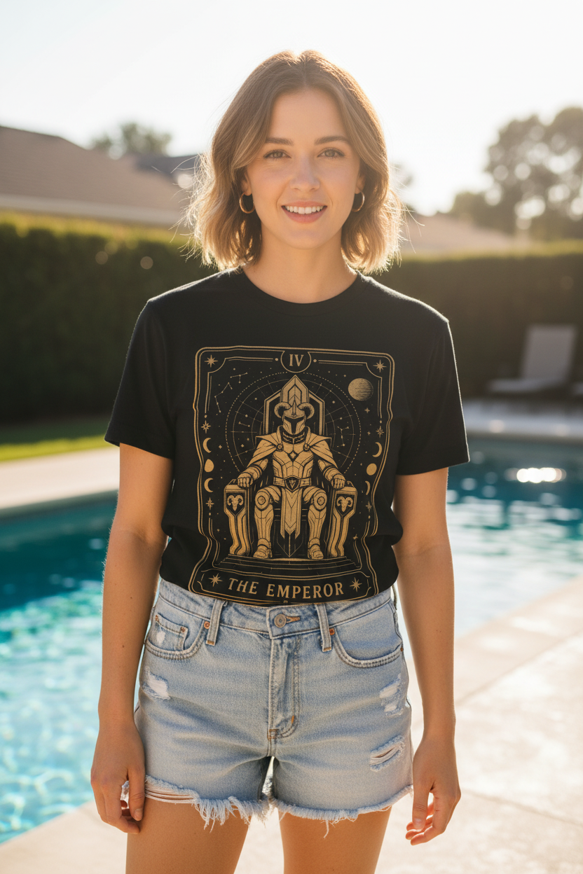A black Crew neck t-shirt Comfort Colors t-shirt featuring The Emperor from the Future Arcana collection, inspired by The Emperor tarot card. A regal futuristic ruler sits upon a cosmic throne surrounded by celestial Art Deco details in elegant gold line art on a transparent background.