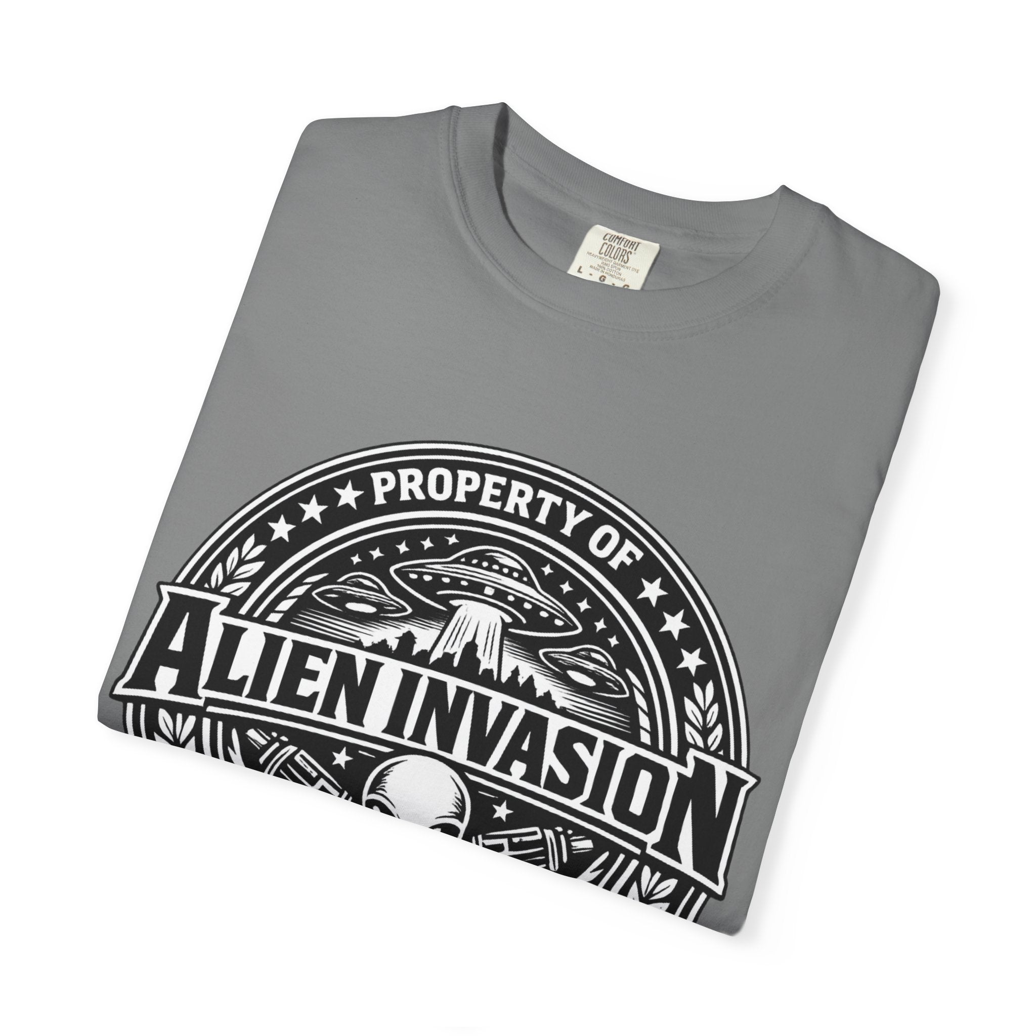 Alien Invasion Ground Crew T-Shirt | UFO Badge Graphic, Comfort Colors tee - Mutantur Labs LLC
