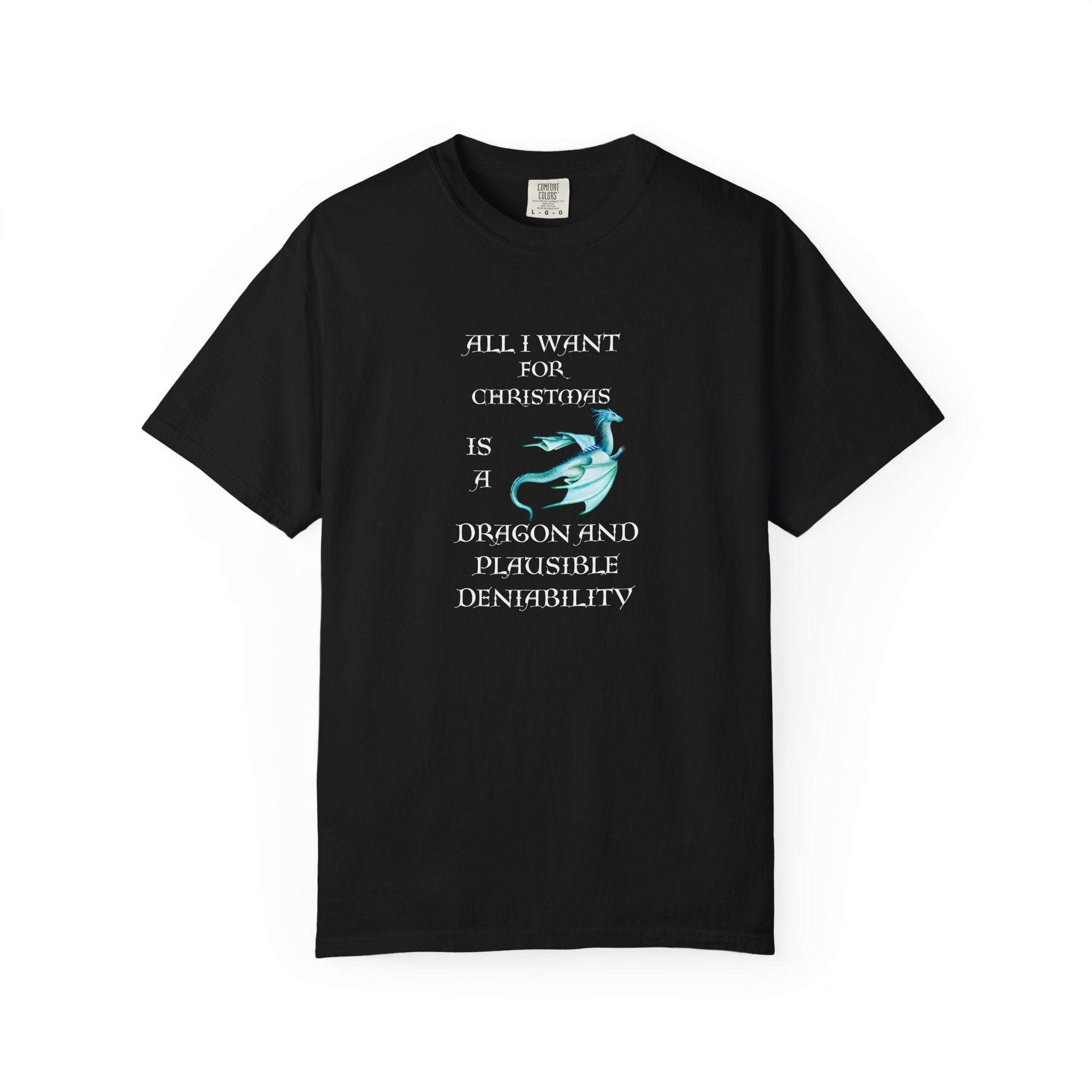 Black t shirt with white text that says ' All I want For Christmas is A Dragon and Plausible Deniability 