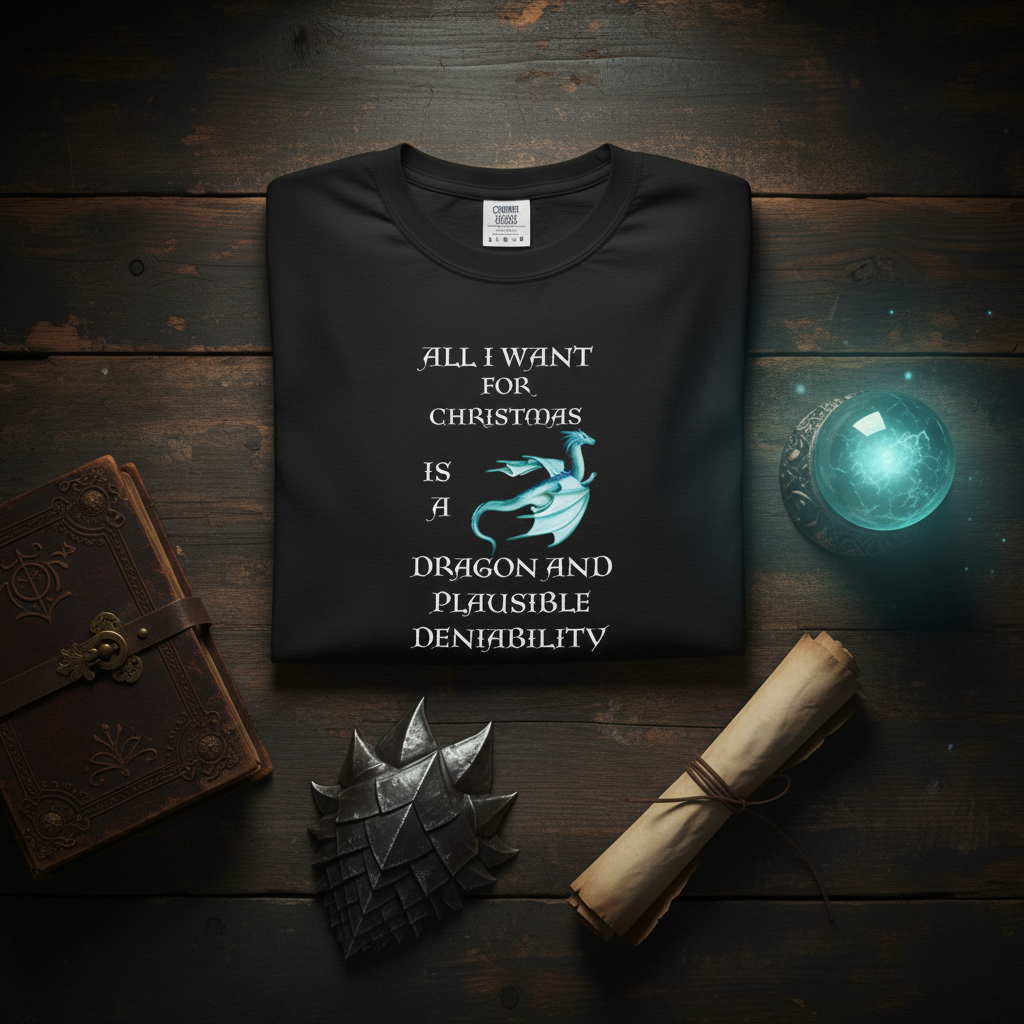 A black graphic t-shirt is displayed in a flat-lay arrangement on a dark wooden background, surrounded by themed props including a brown leather-bound book, a glowing blue crystal ball, a rolled parchment scroll, and a metallic dragon figurine. The t-shirt features a white text graphic that reads 'ALL I WANT FOR CHRISTMAS IS A DRAGON AND PLAUSIBLE DENIALITY' alongside a light blue dragon illustration.