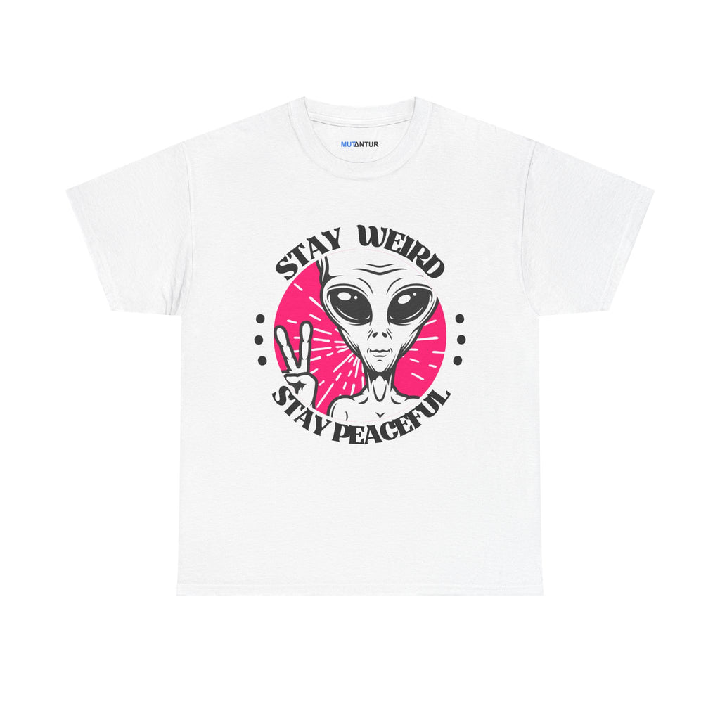 Stay Weird Stay Peaceful galaxy alien graphic tee in white, front view