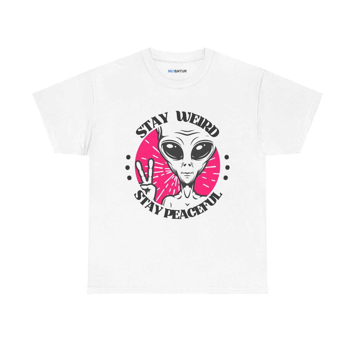 Stay Weird Stay Peaceful galaxy alien graphic tee in white, front view