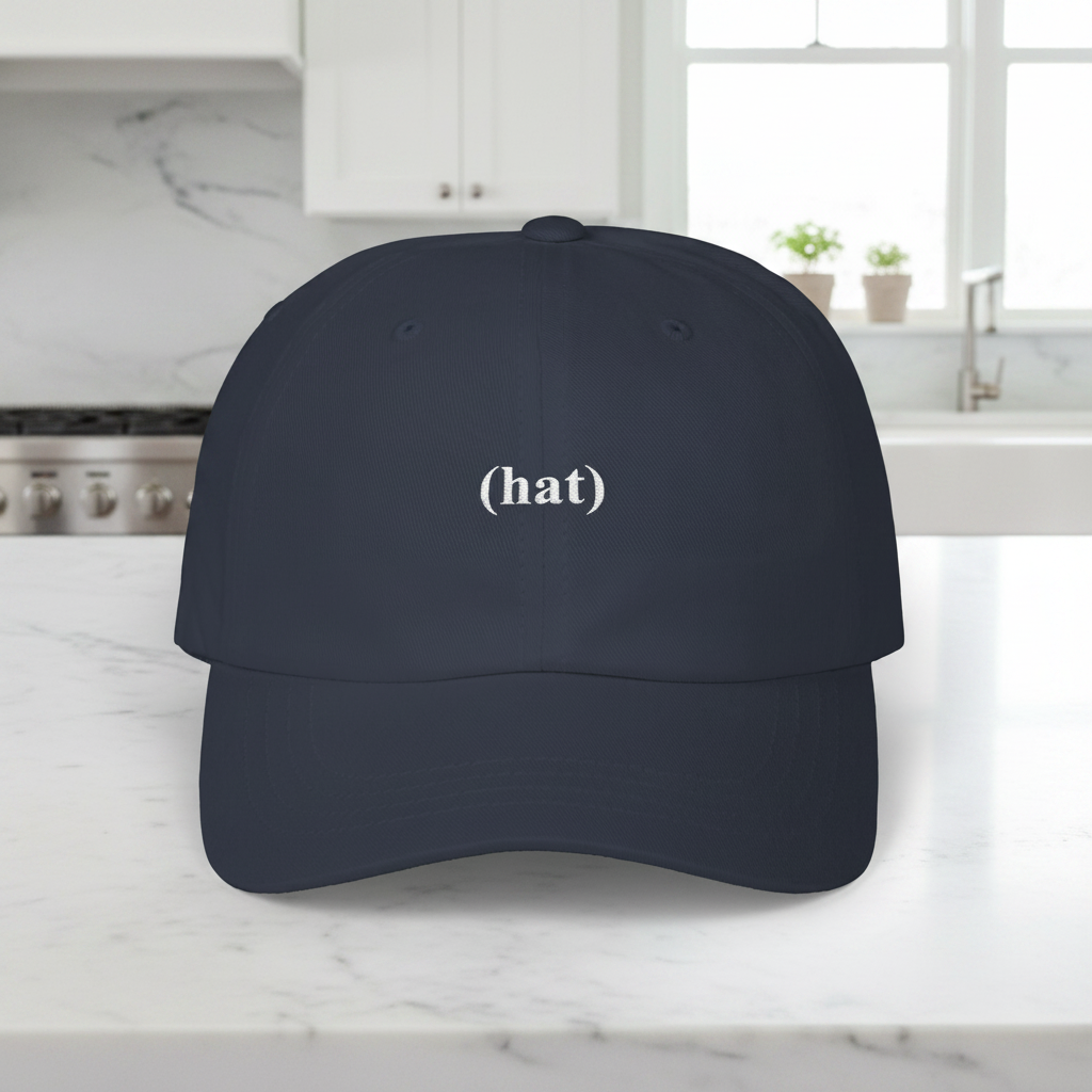 Minimal embroidered (hat) dad cap, low profile baseball hat, close-up of design detail