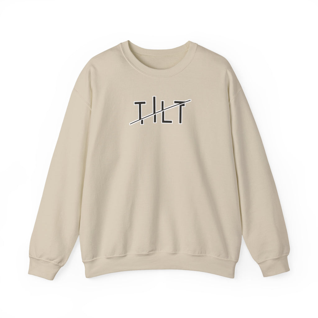 A beige sweatshirt with a stylized graphic off-set text that says TILT against  a white background