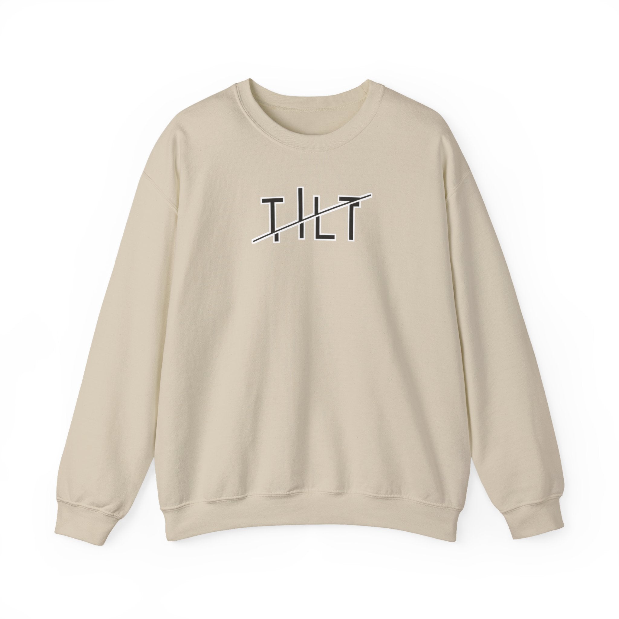 A beige sweatshirt with a stylized graphic off-set text that says TILT against  a white background