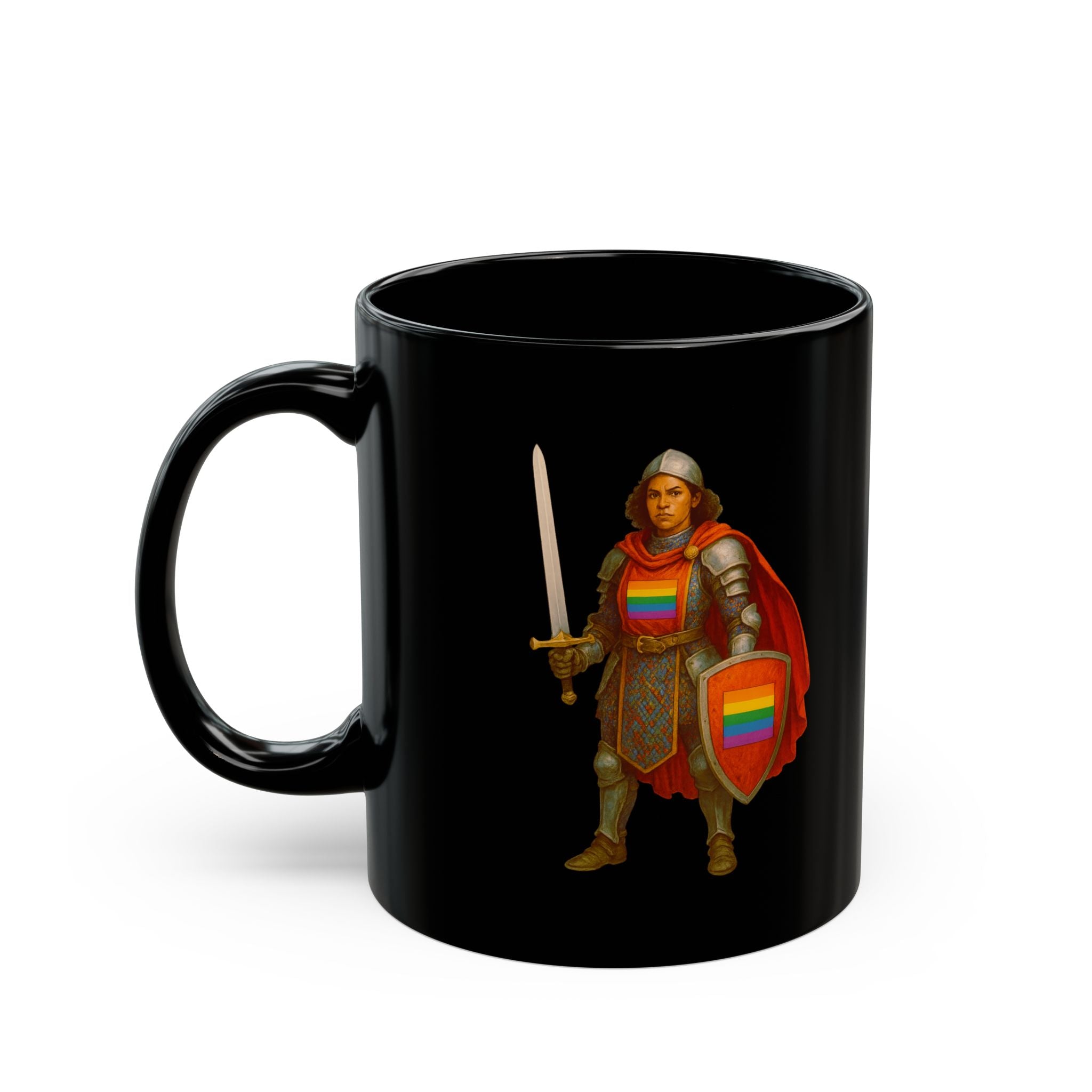 Rainbow Paladin Mug — Black Ceramic Mug with Pride Shield and Cape - Mutantur Labs LLC