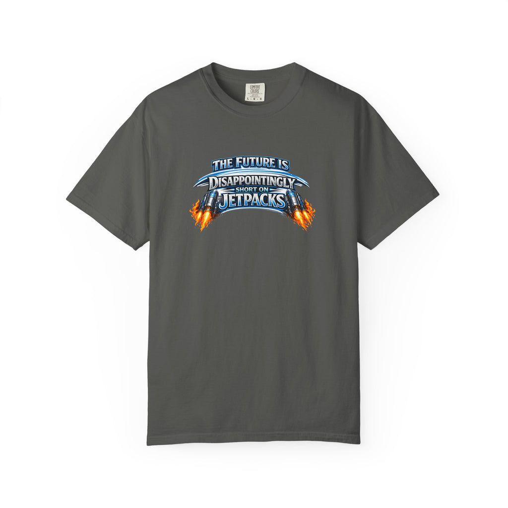 A grey short-sleeve crewneck t-shirt featuring a graphic print on the chest that reads 'THE FUTURE IS DISAPPOINTINGLY SHORT ON JETPACKS' in stylized blue and orange lettering with flame effects.