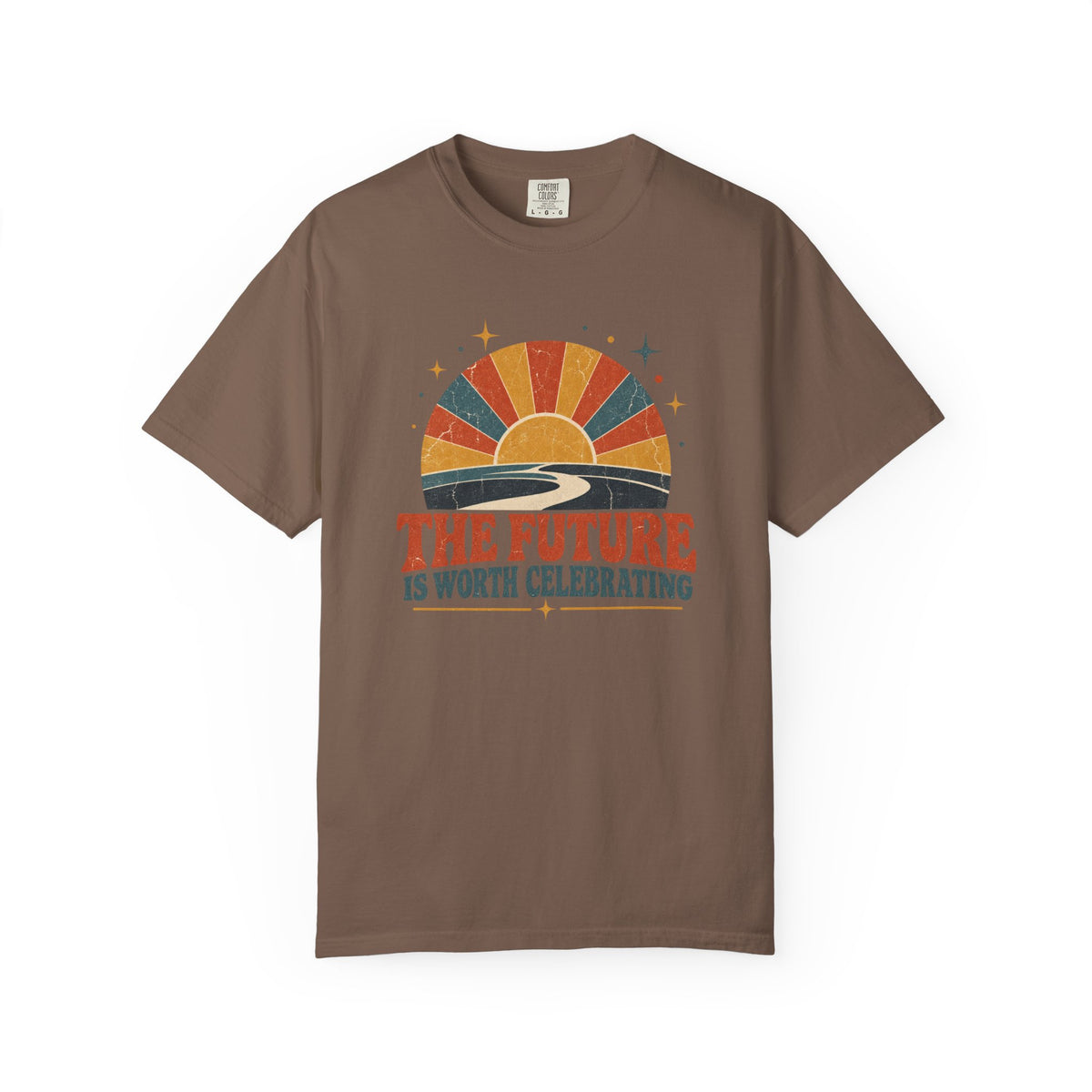 An brown short-sleeve t-shirt with a retro sunset graphic and the text 'THE FUTURE IS WORTH CELEBRATING' printed on the chest.