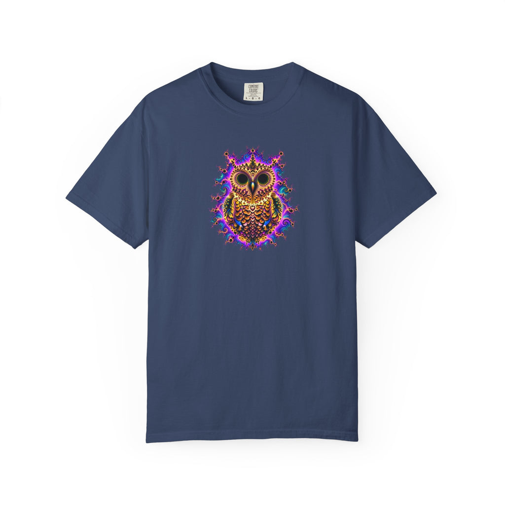 An navy blue short-sleeve crewneck t-shirt featuring a colorful graphic of an owl surrounded by purple and blue stars on the chest.