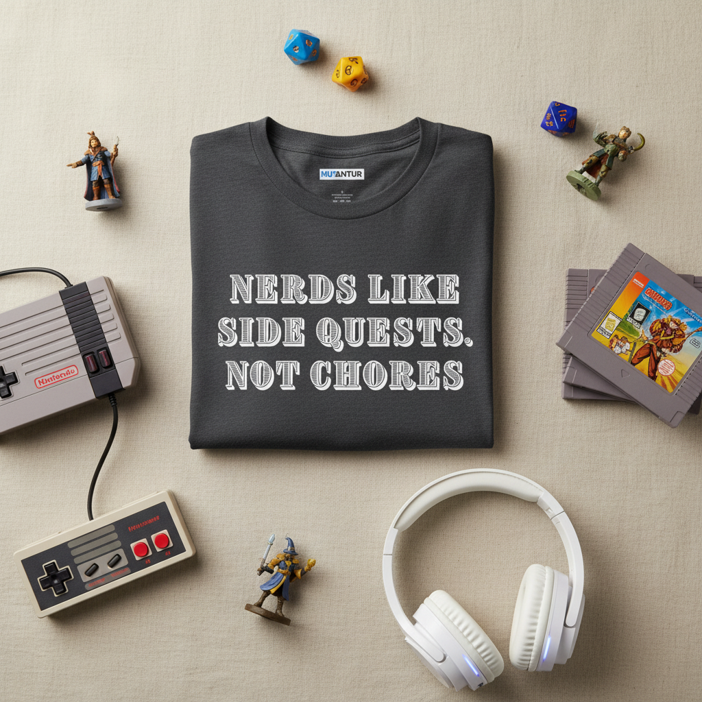 Nerds Like Side Quests Not Chores gamer tee, on-model back view