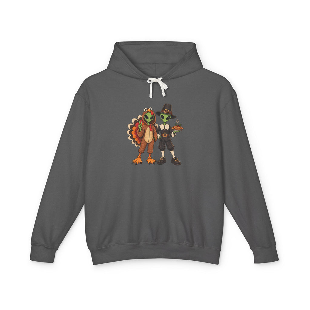 A grey hooded sweatshirt with a central graphic of  cartoon aliens dressed as a  turkey and a pilgrim figure, displayed on a clean white background.