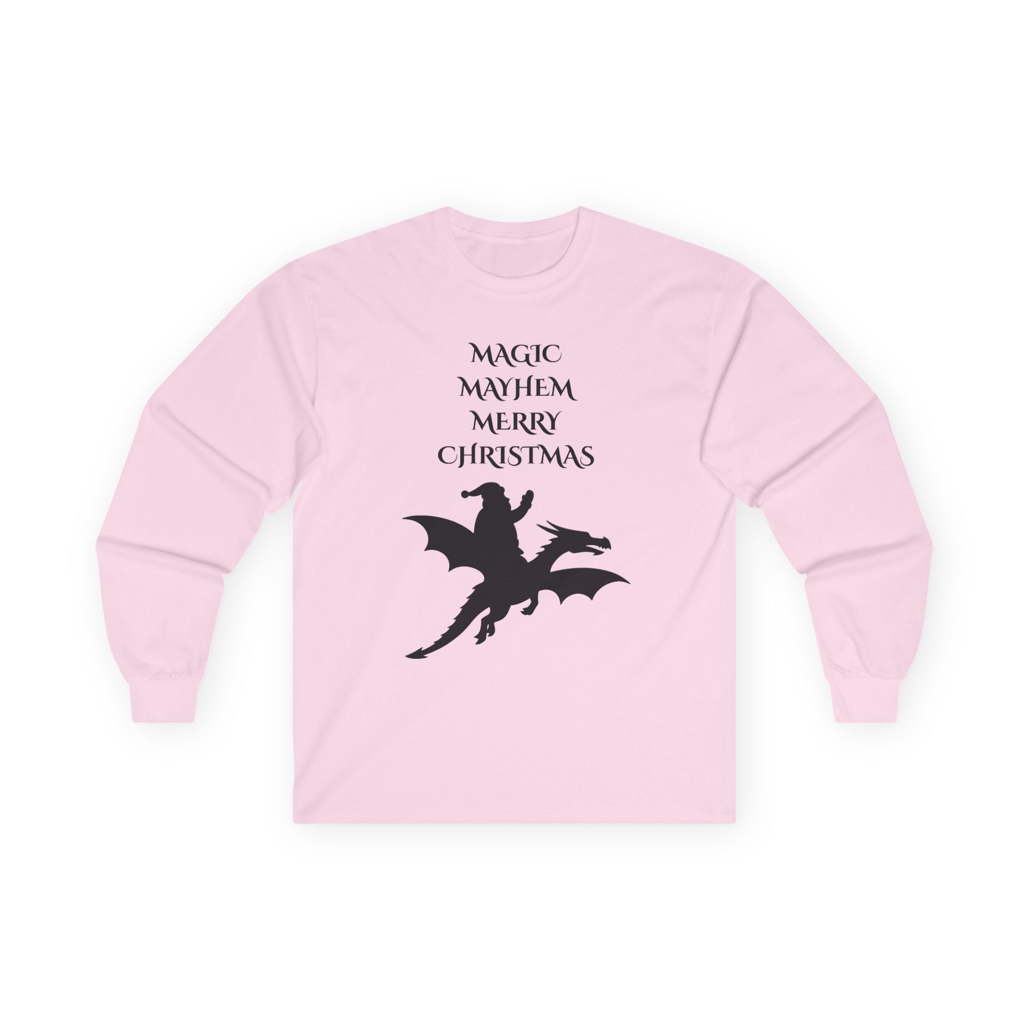Magic Mayhem Merry Christmas Long Sleeve | Santa Dragon Silhouette Holiday Shirt