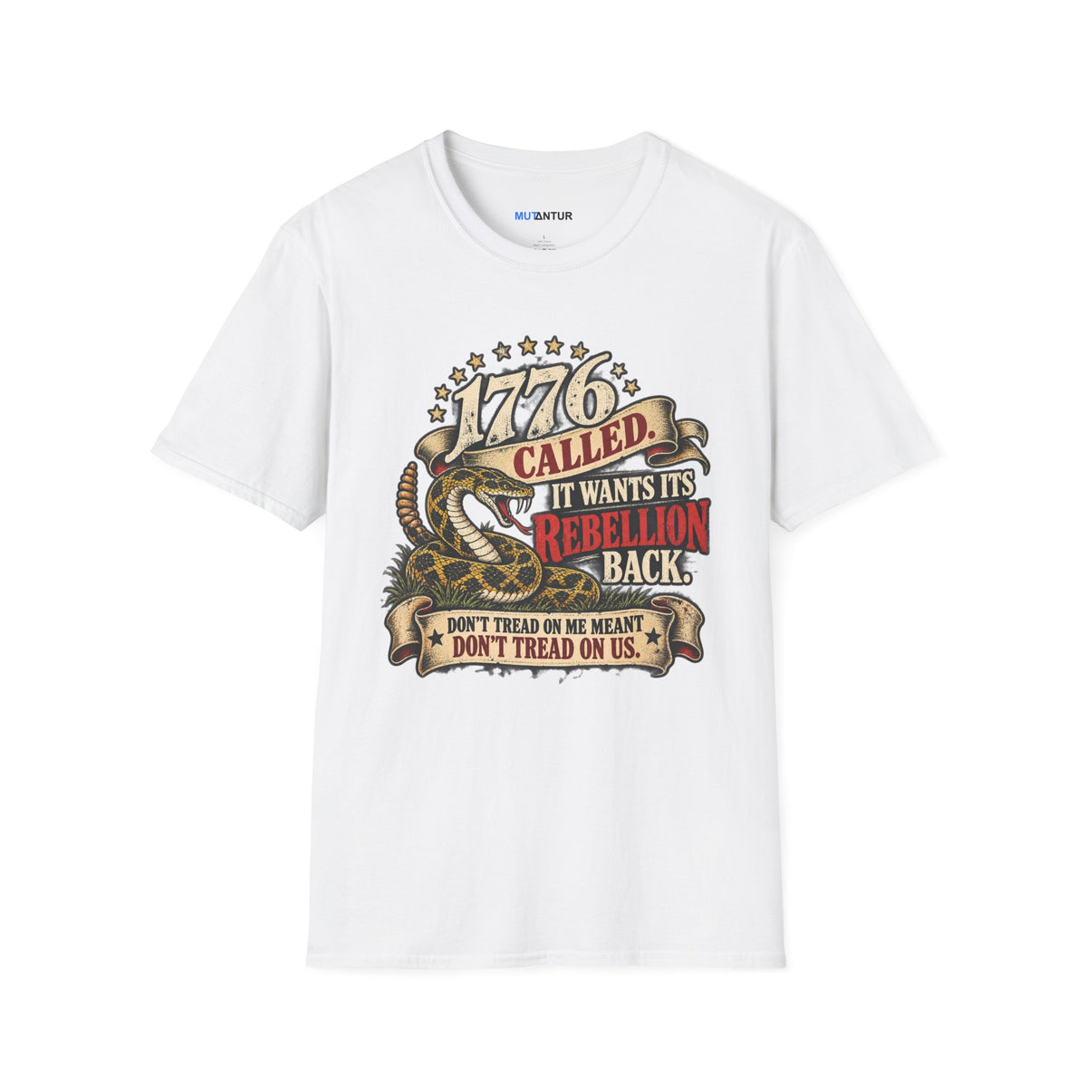 A white short-sleeve crewneck t-shirt featuring a detailed graphic print on the front. The graphic depicts a coiled rattlesnake with the text '777 CALLED IT WANTS ITS REBELLION BACK DONT TREAD ON ME MEANS DONT TREAD ON US  against a white background